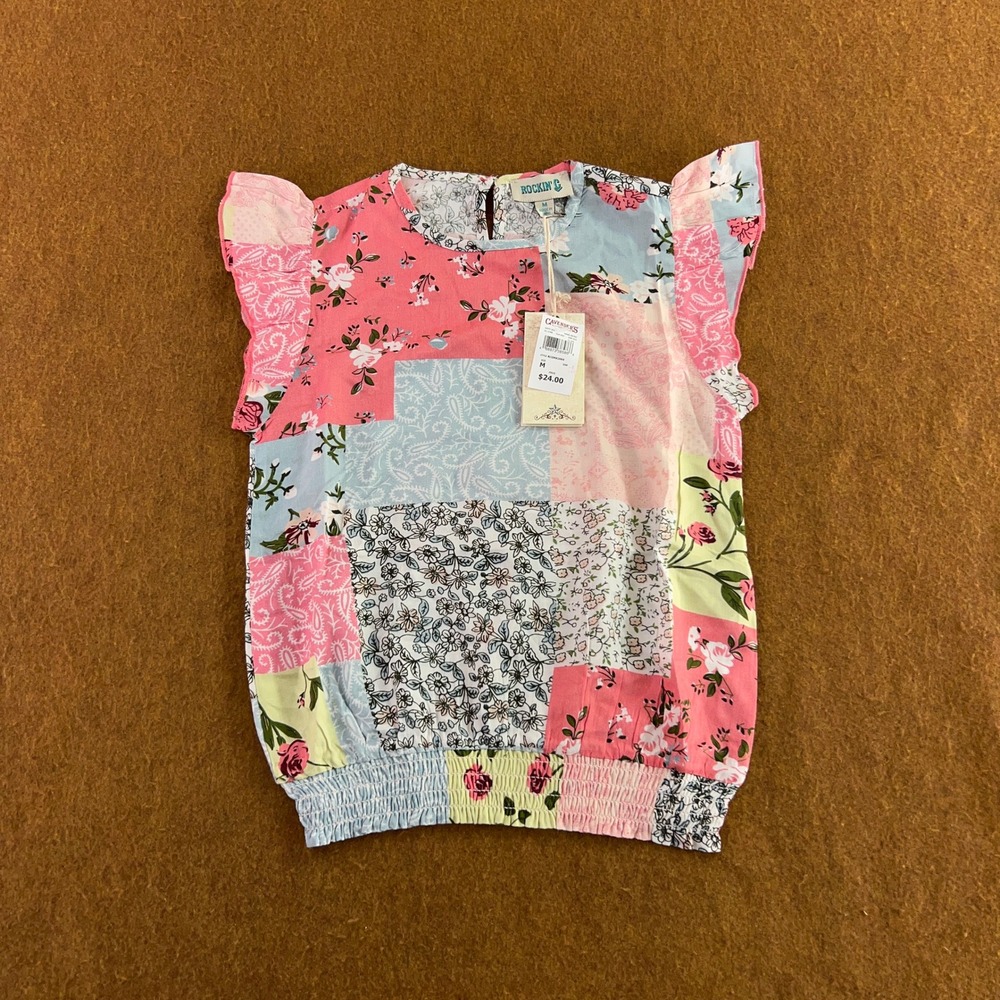 Rockin' C Girls Medium Multi Patchwork Floral Ruffle Cap Sleeve Top NWT